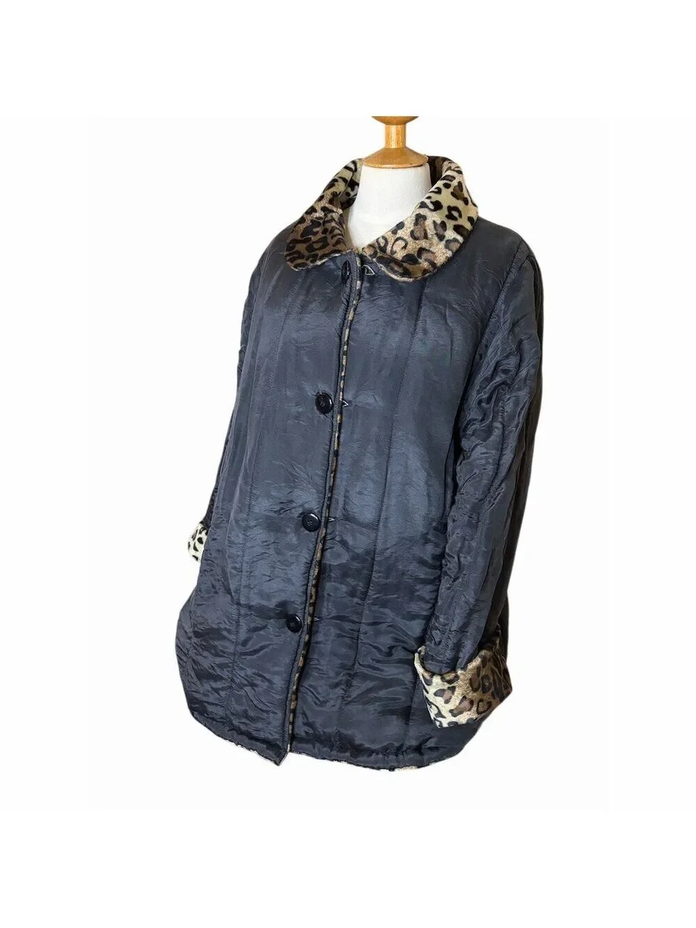 Salon Studio Reversible Leopard Print & Black Button Front Coat Womens L - Picture 4 of 5